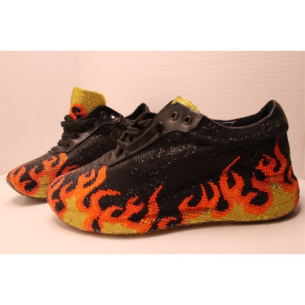 Camuzares Black Flame Rhinestone Crystal Low‎ Top Sneakers Lace-Up Unisex